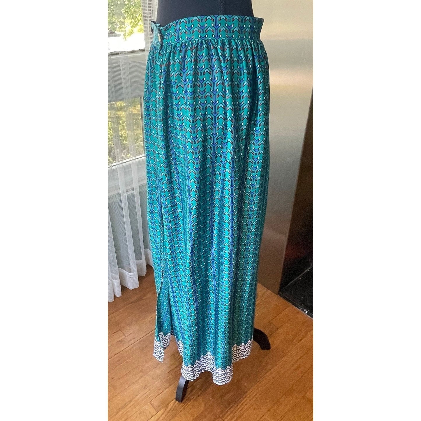 Vintage 80s wrap skirt, teal and blue, ankle length, Oleg Cassini