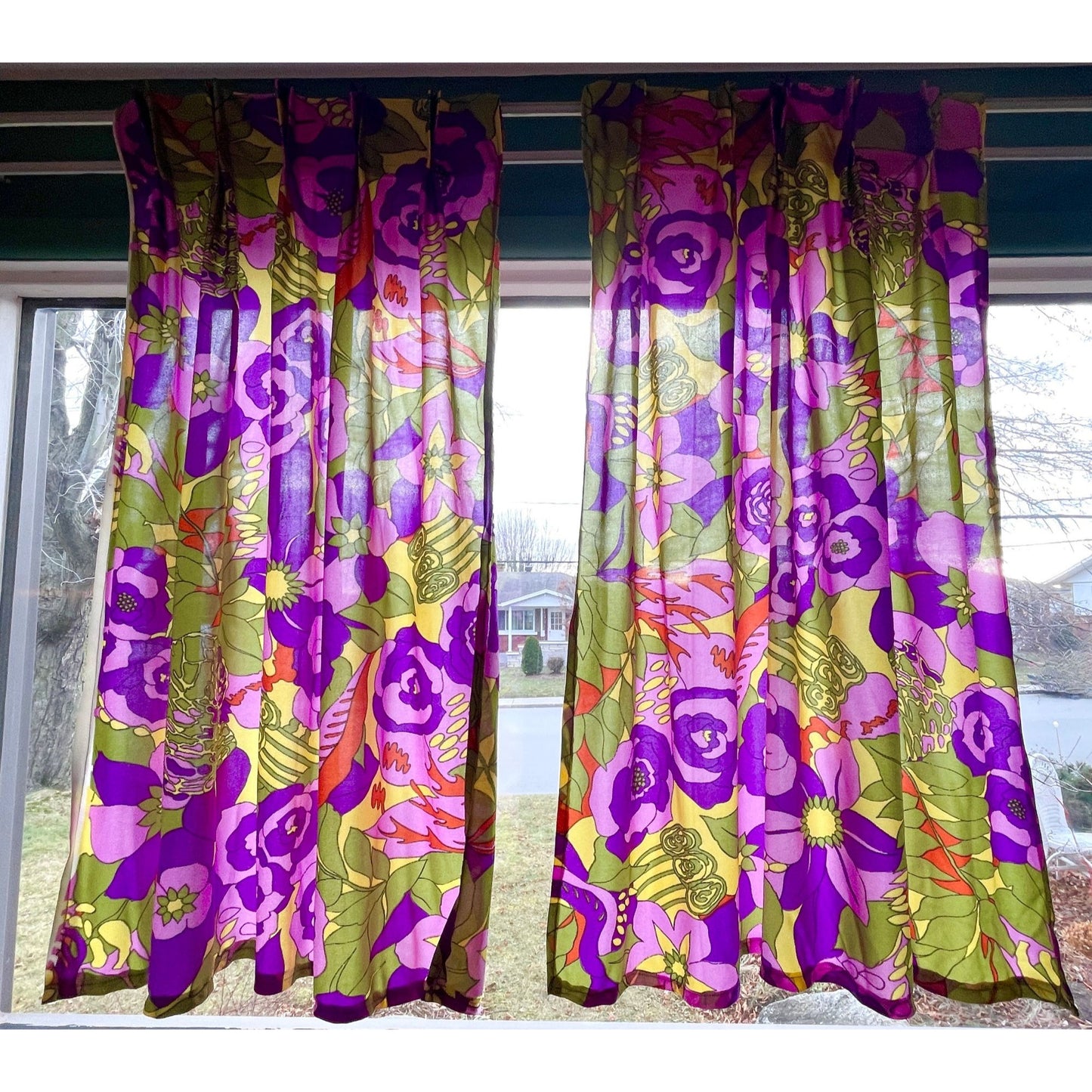 Vintage 70s pleated curtains, green purple abstract pattern