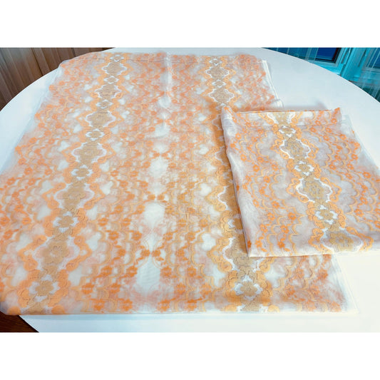 Vintage 70s mesh curtains, orange white groovy pattern, pair