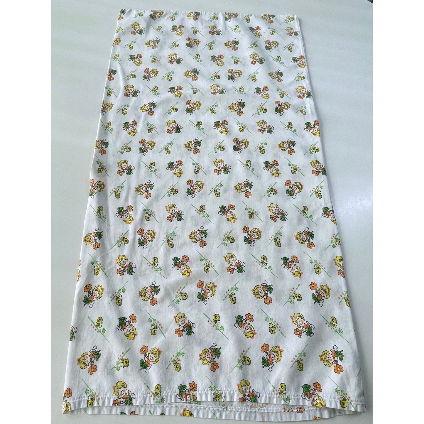 Vintage 60s children pillowcase, daisies and ducks, orange, green and yellow