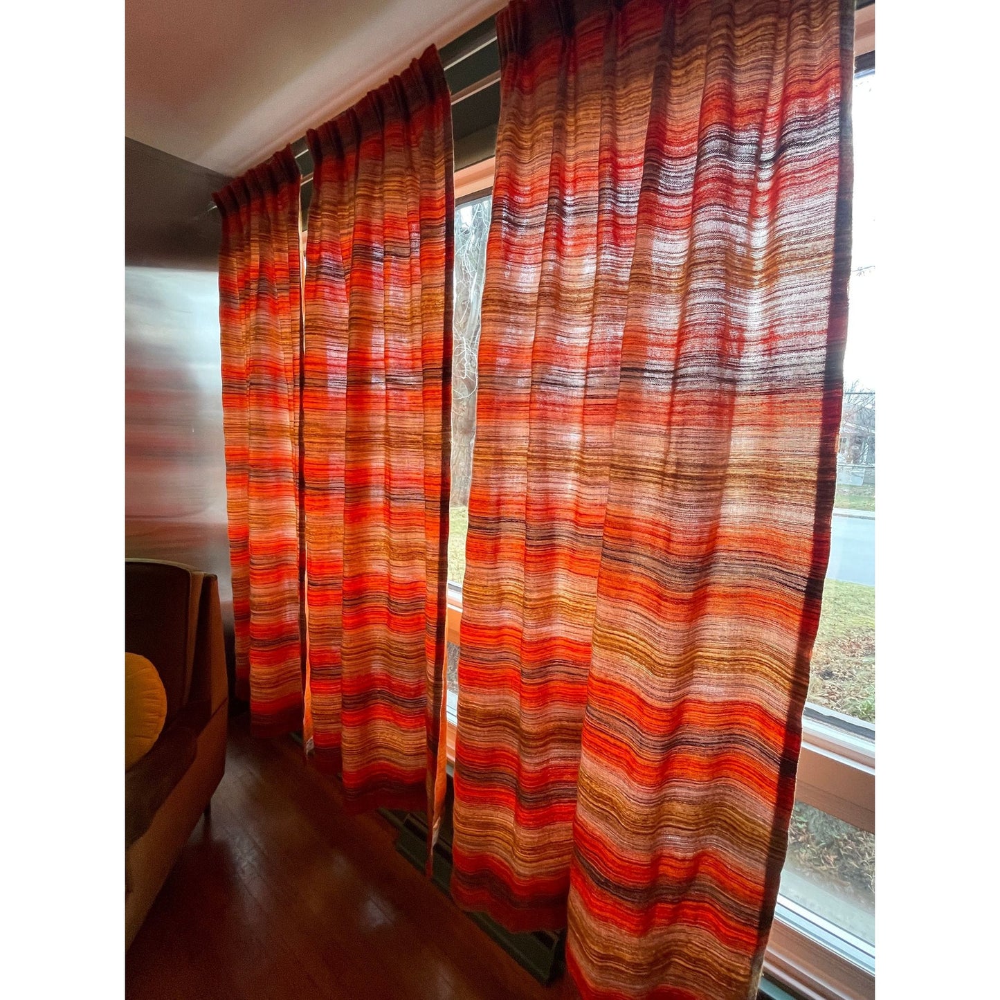 Vintage 70s pleated orange mesh curtain