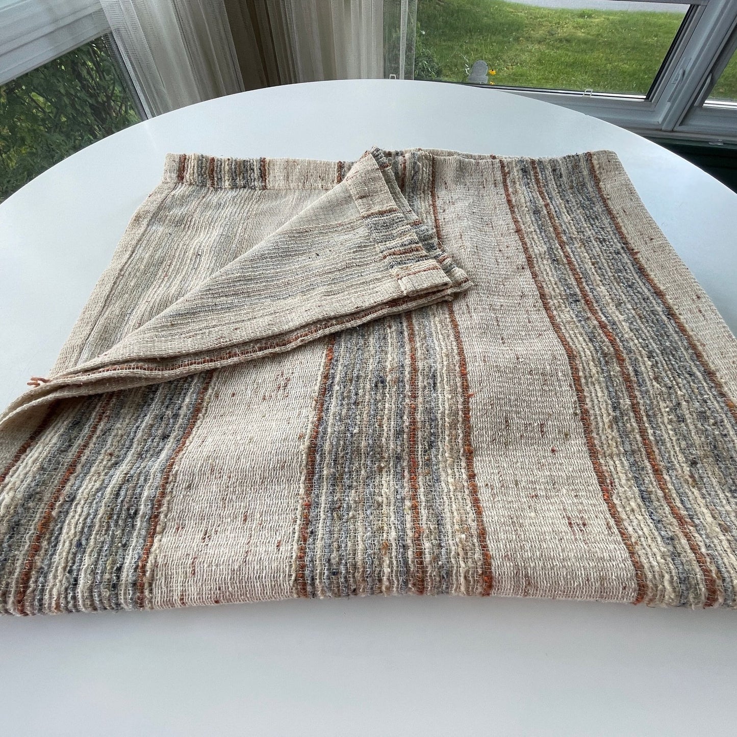 Vintage 70s curtain, tan beige stripes, thick panel