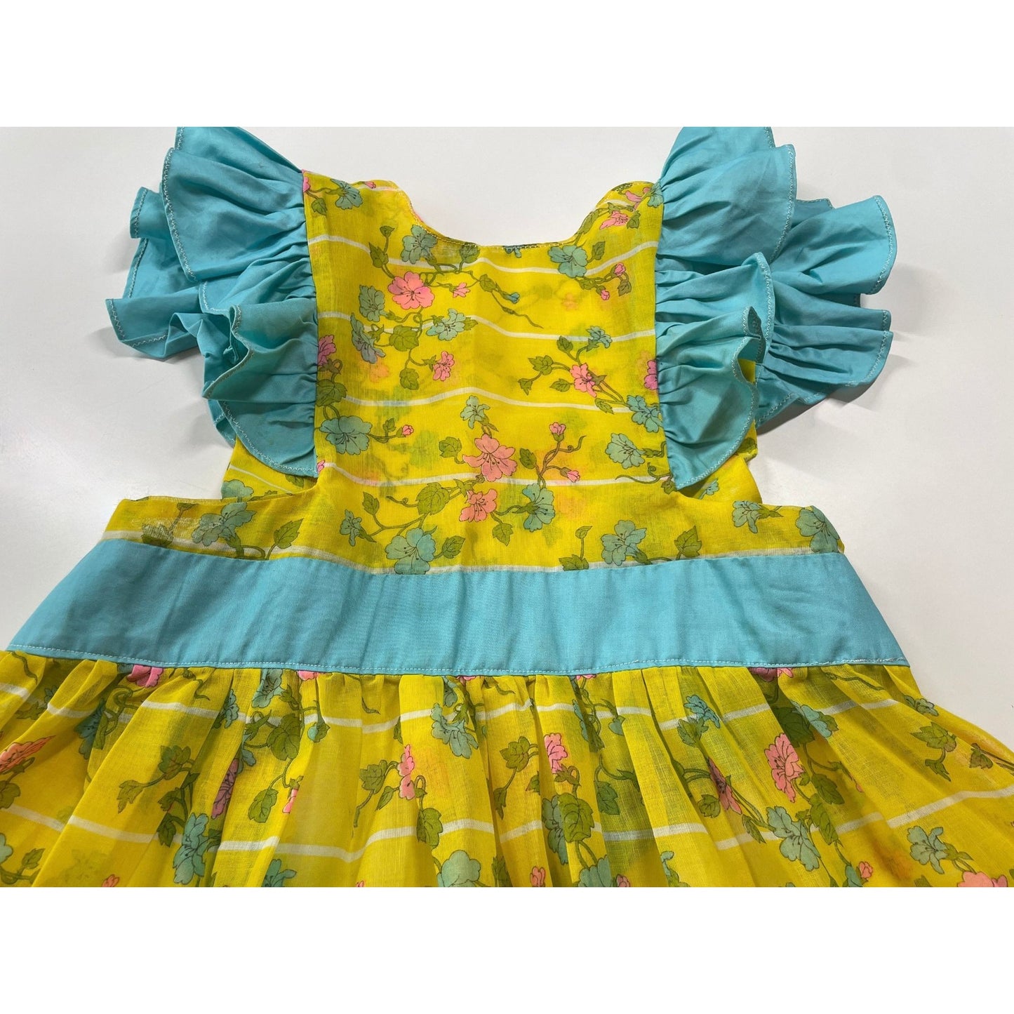 Vintage full apron, pink blue flowers, bright yellow