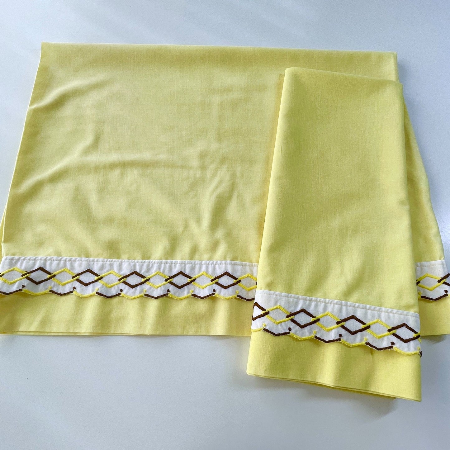 Vintage 70s pillowcases set, solid yellow with embroidered trim, TruPrest
