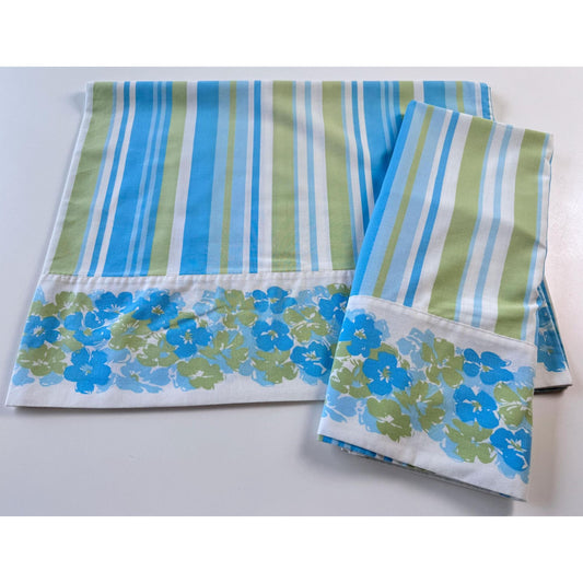 vintage 70s pillowcases set, blue green floral & stripes, Truprest