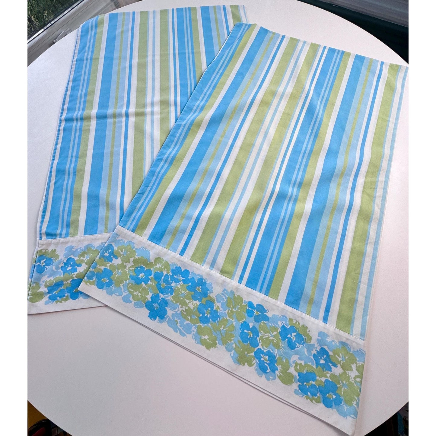 vintage 70s pillowcases set, blue green floral & stripes, Truprest