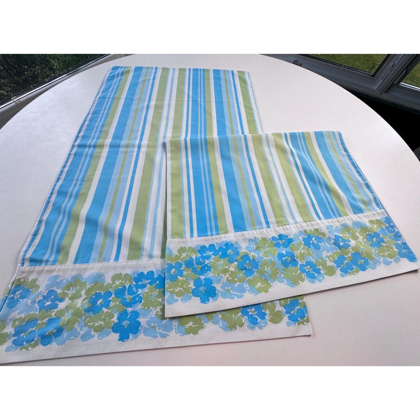 vintage 70s pillowcases set, blue green floral & stripes, Truprest