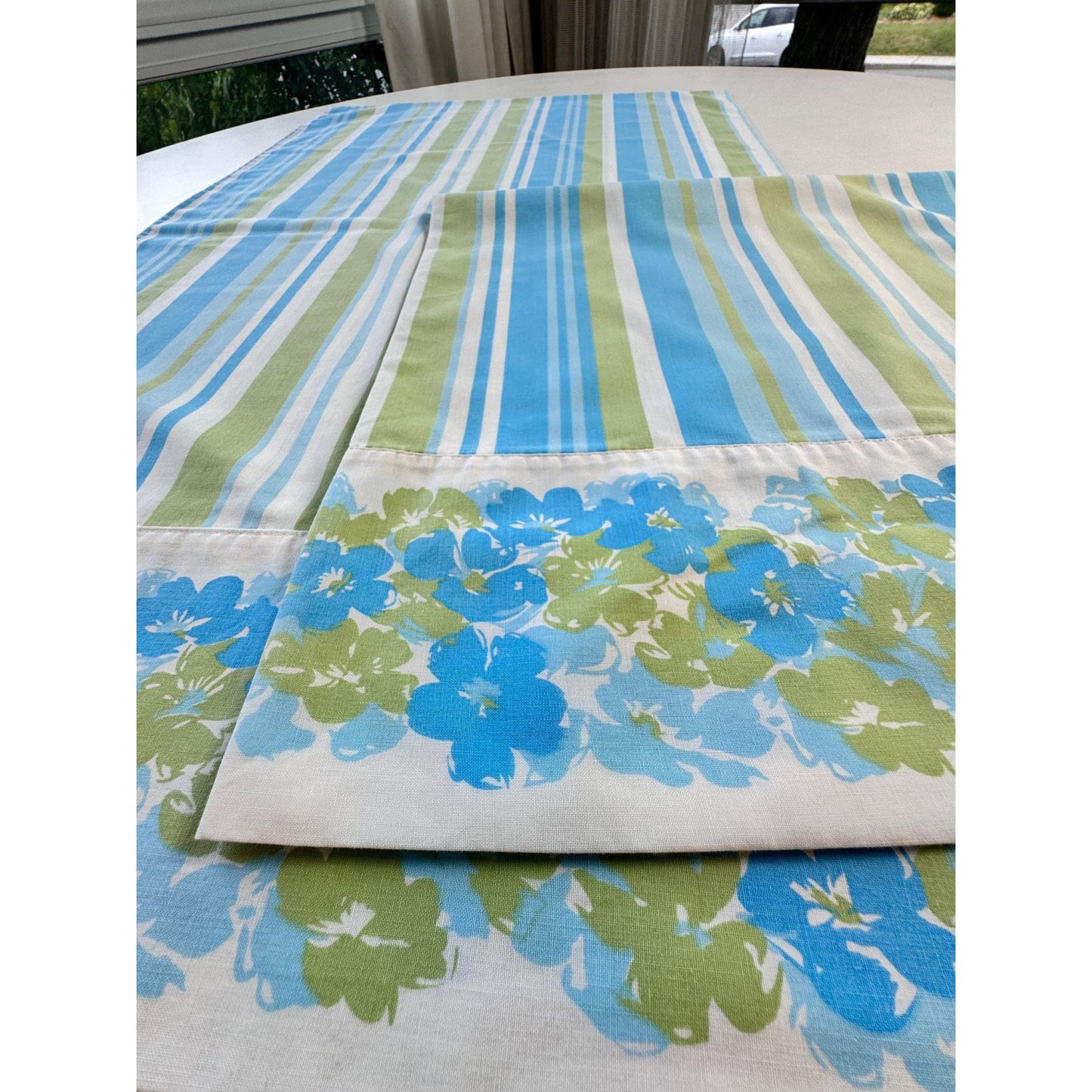 vintage 70s pillowcases set, blue green floral & stripes, Truprest