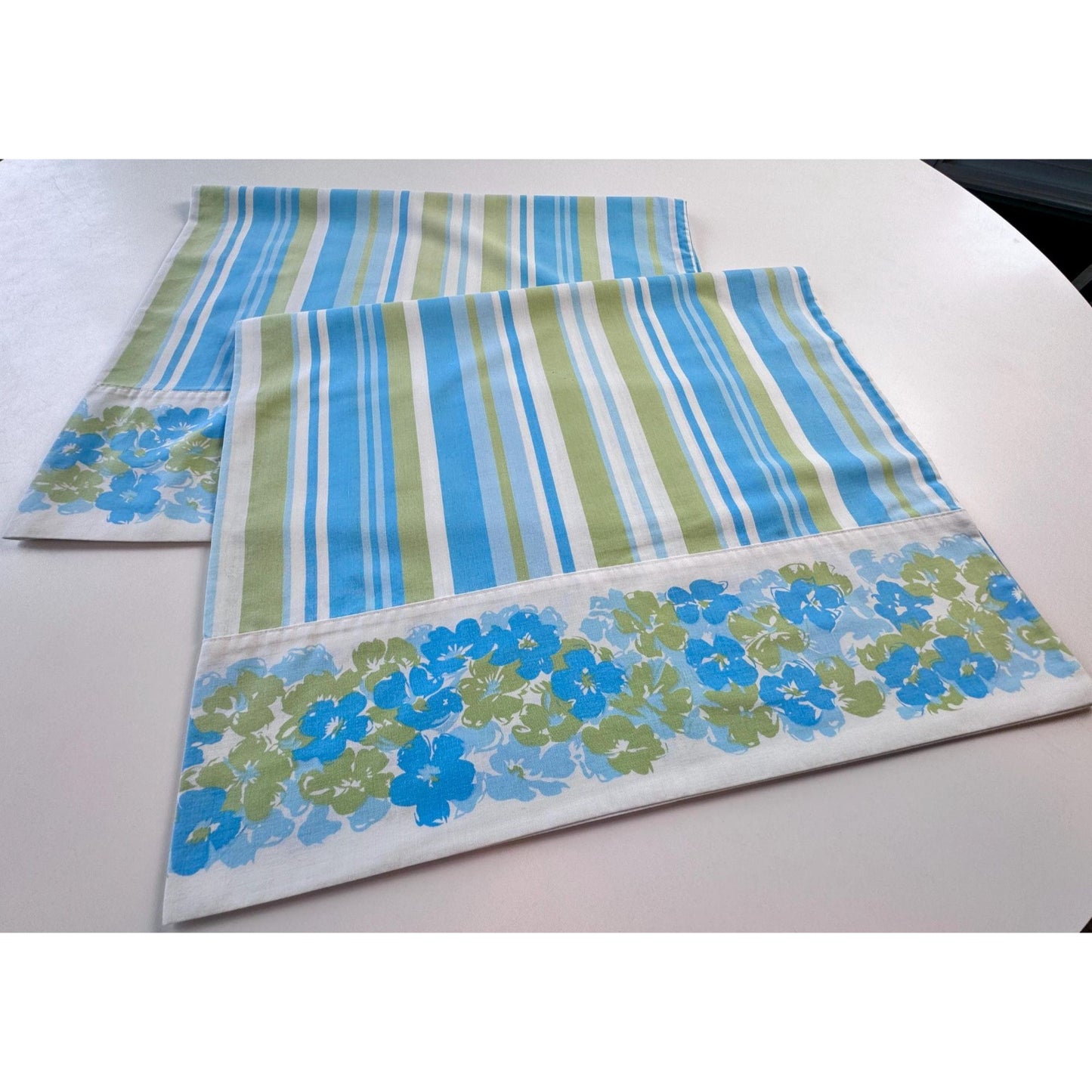 vintage 70s pillowcases set, blue green floral & stripes, Truprest