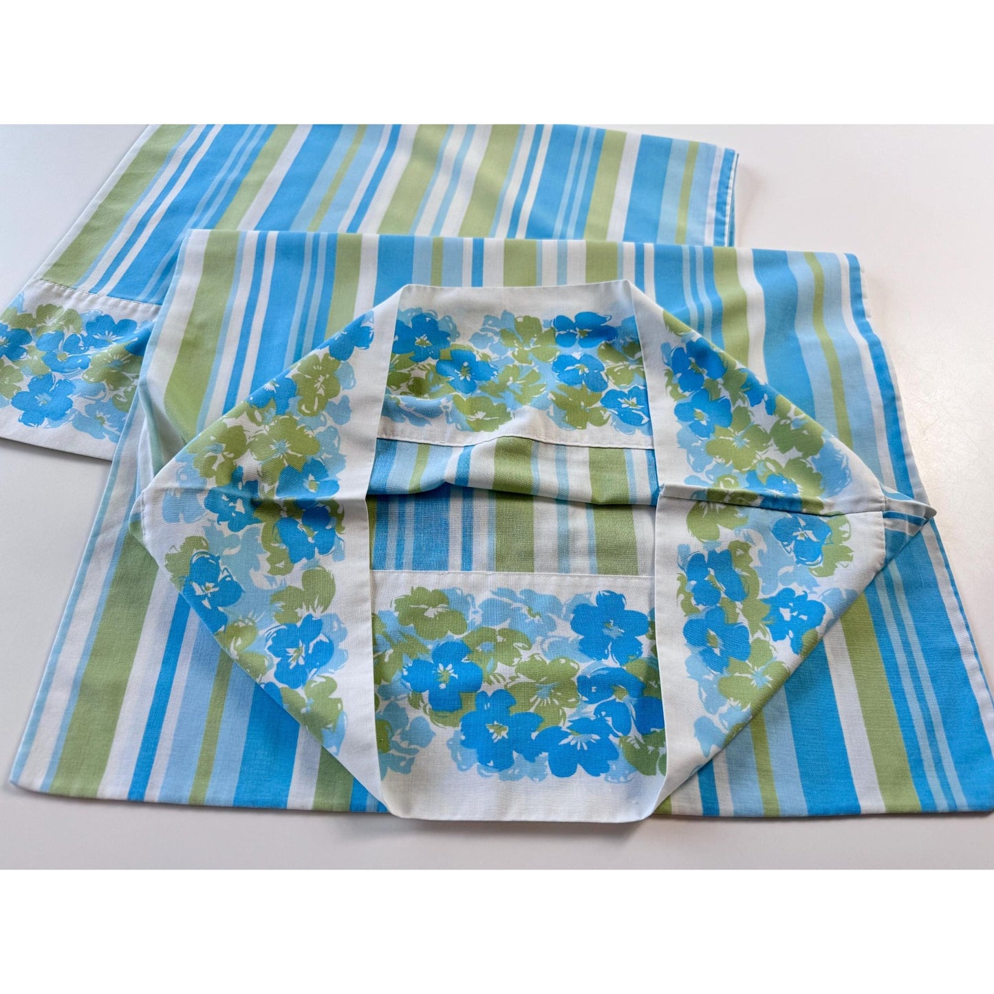 vintage 70s pillowcases set, blue green floral & stripes, Truprest