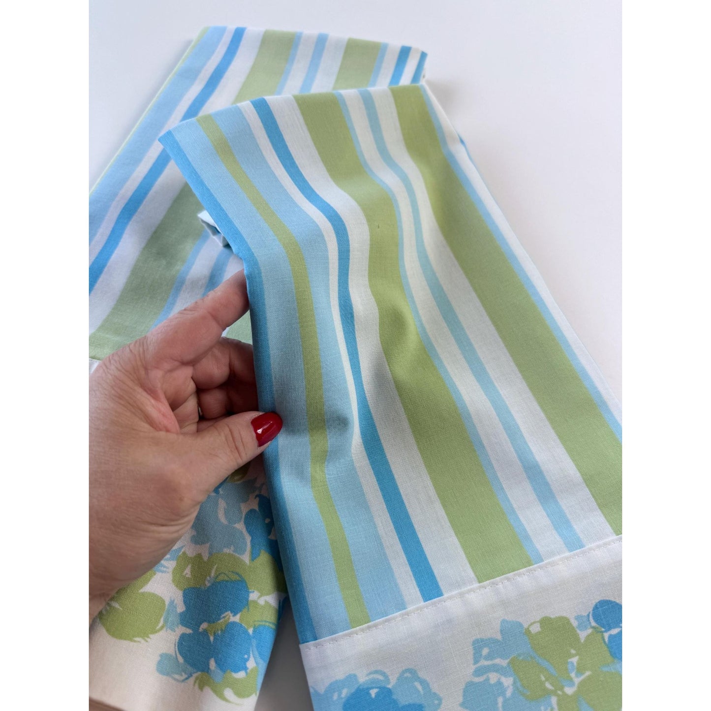 vintage 70s pillowcases set, blue green floral & stripes, Truprest