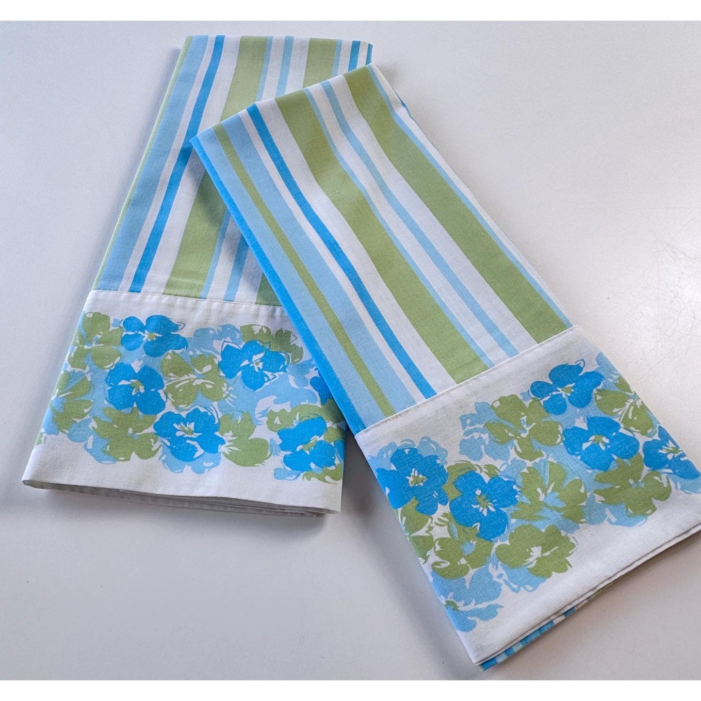 vintage 70s pillowcases set, blue green floral & stripes, Truprest
