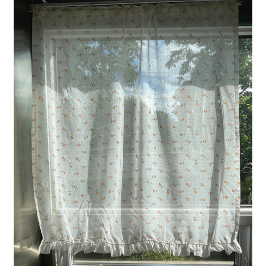 Vintage 80s curtain, sheer green yellow floral, single panel
