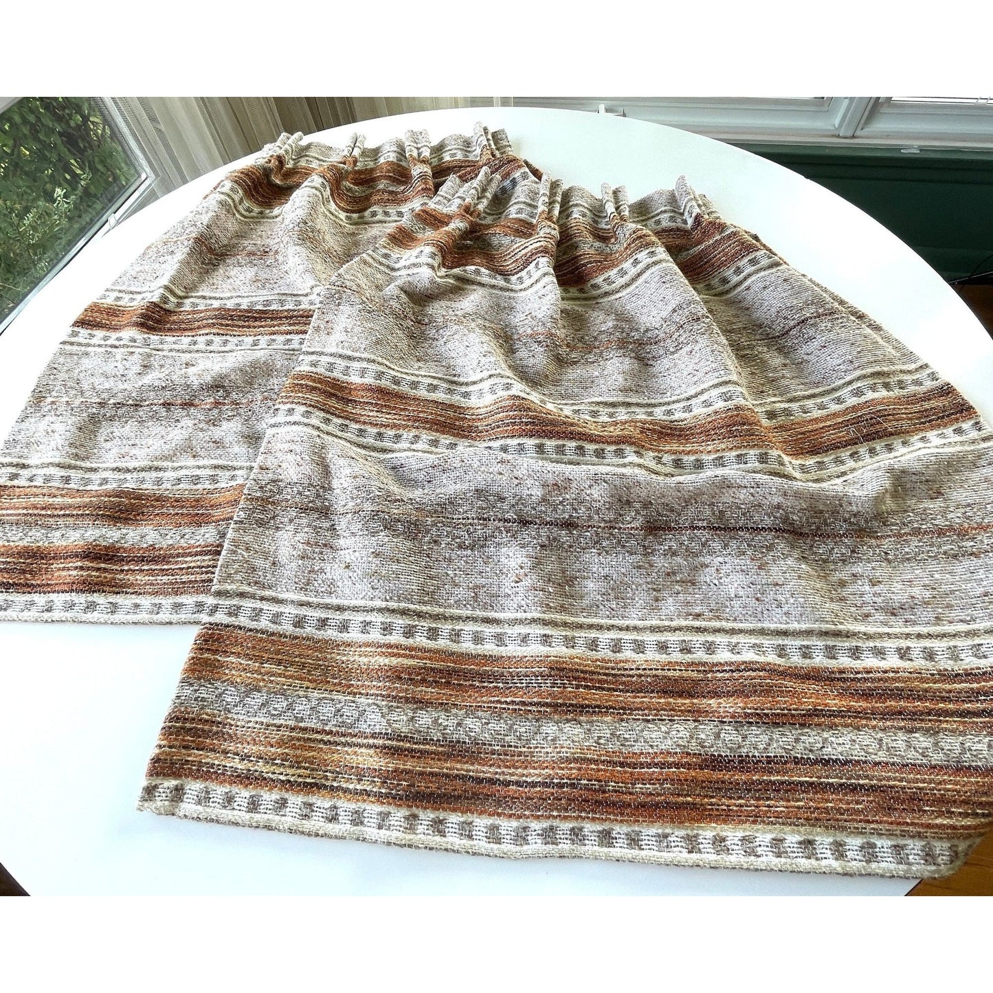 Vintage 70s pleated curtains, brown stripes