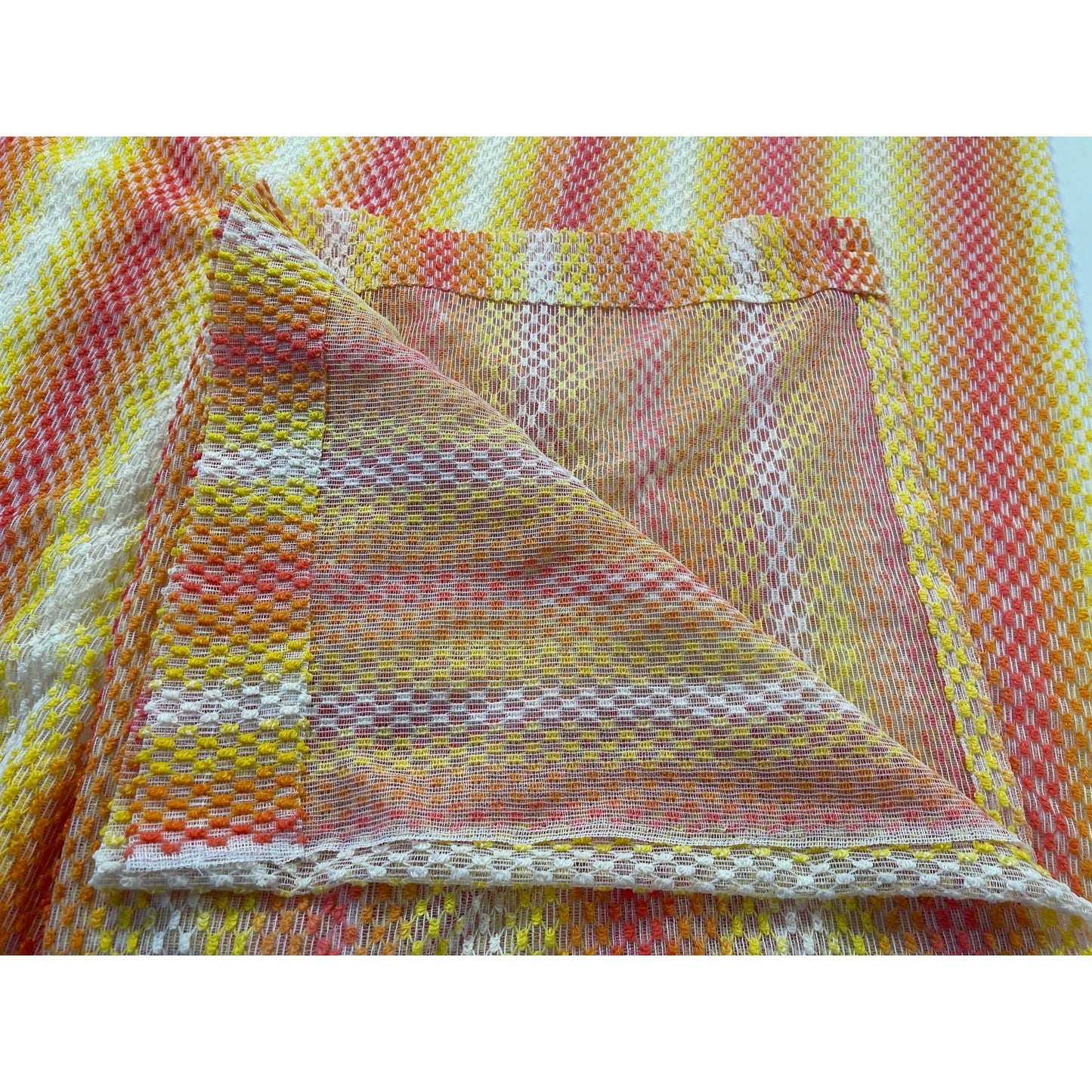 Vintage 70s curtain, orange yellow ombre pattern, mesh panel
