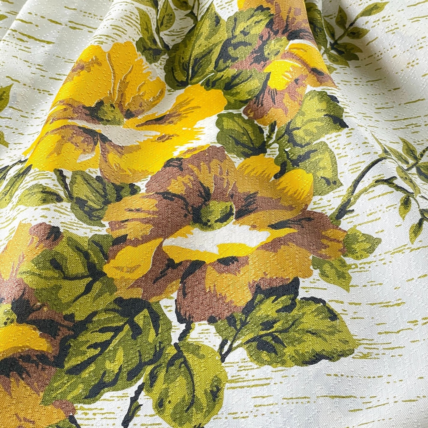 Vintage 60s pleated curtains, yellow bold floral fiberglass panels