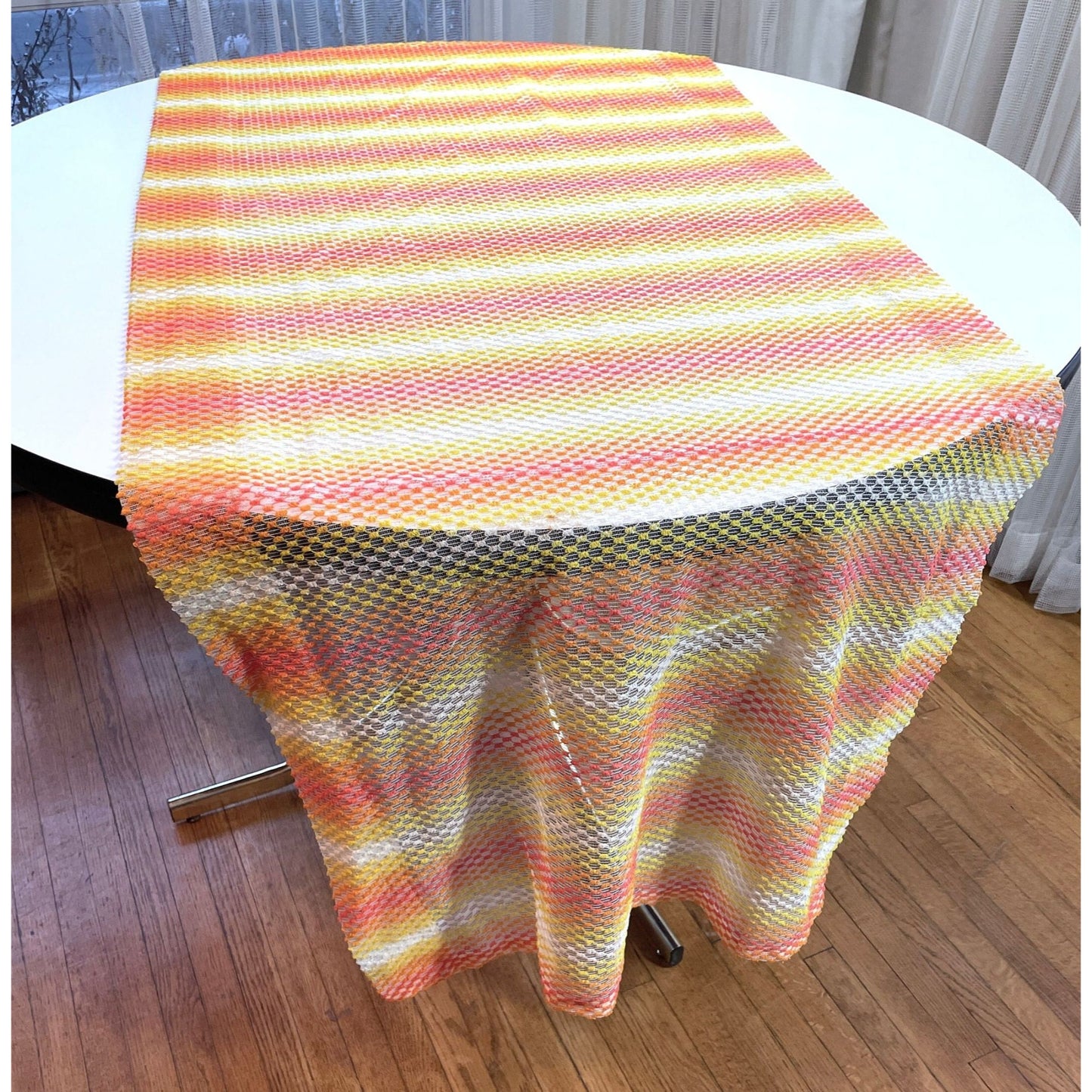 Vintage 70s curtain, orange yellow ombre pattern, mesh panel