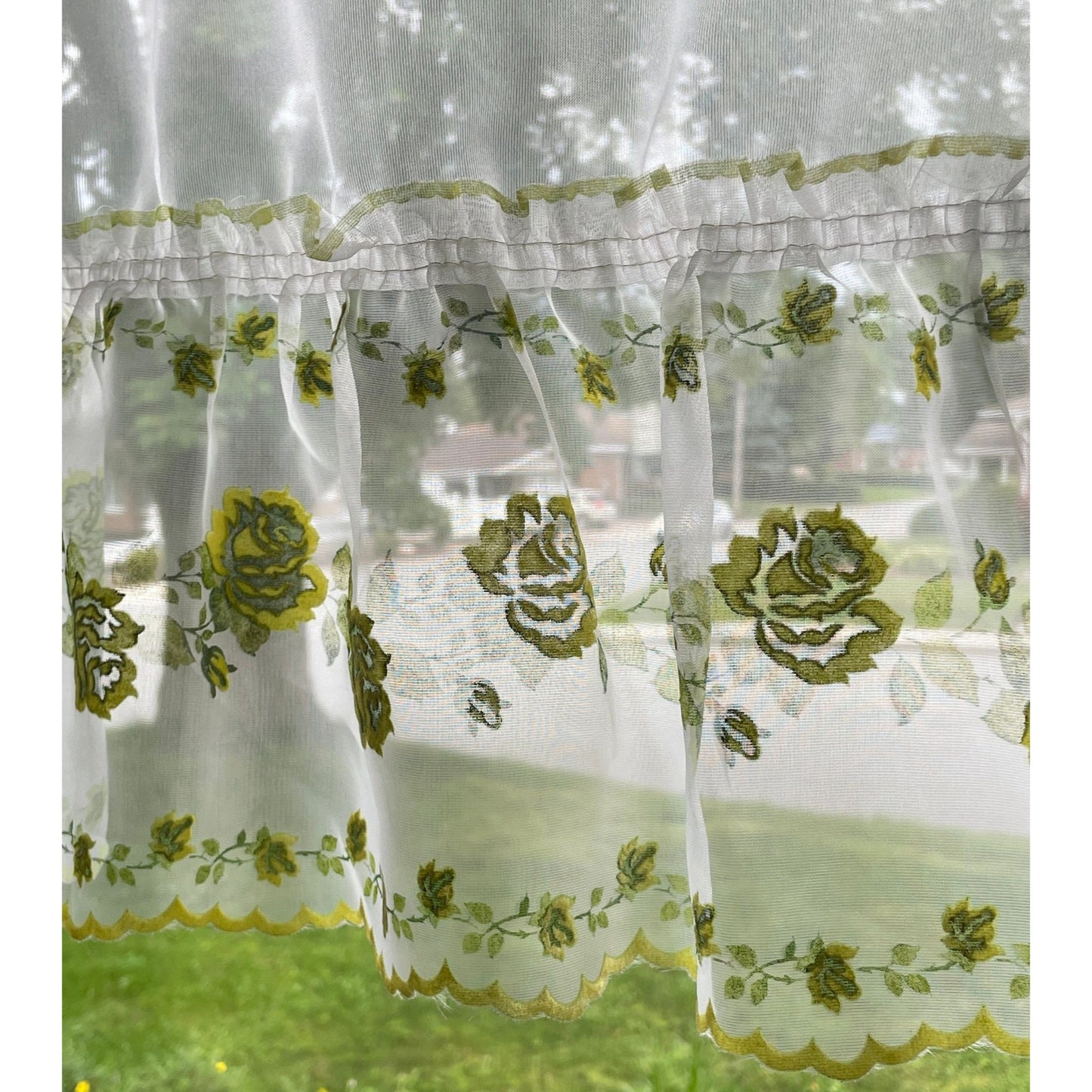 Vintage 50s cafe curtains, flocked floral ruffled panels