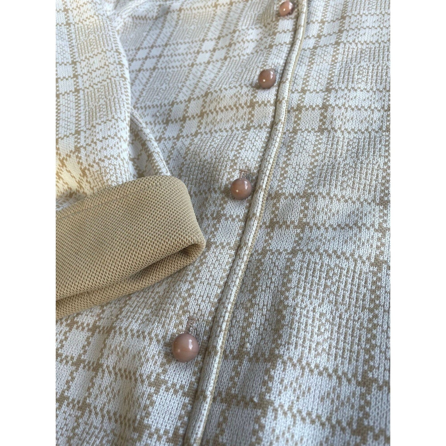 Vintage 70s dress, tan buffalo check pattern, long sleeves, Leo Danal