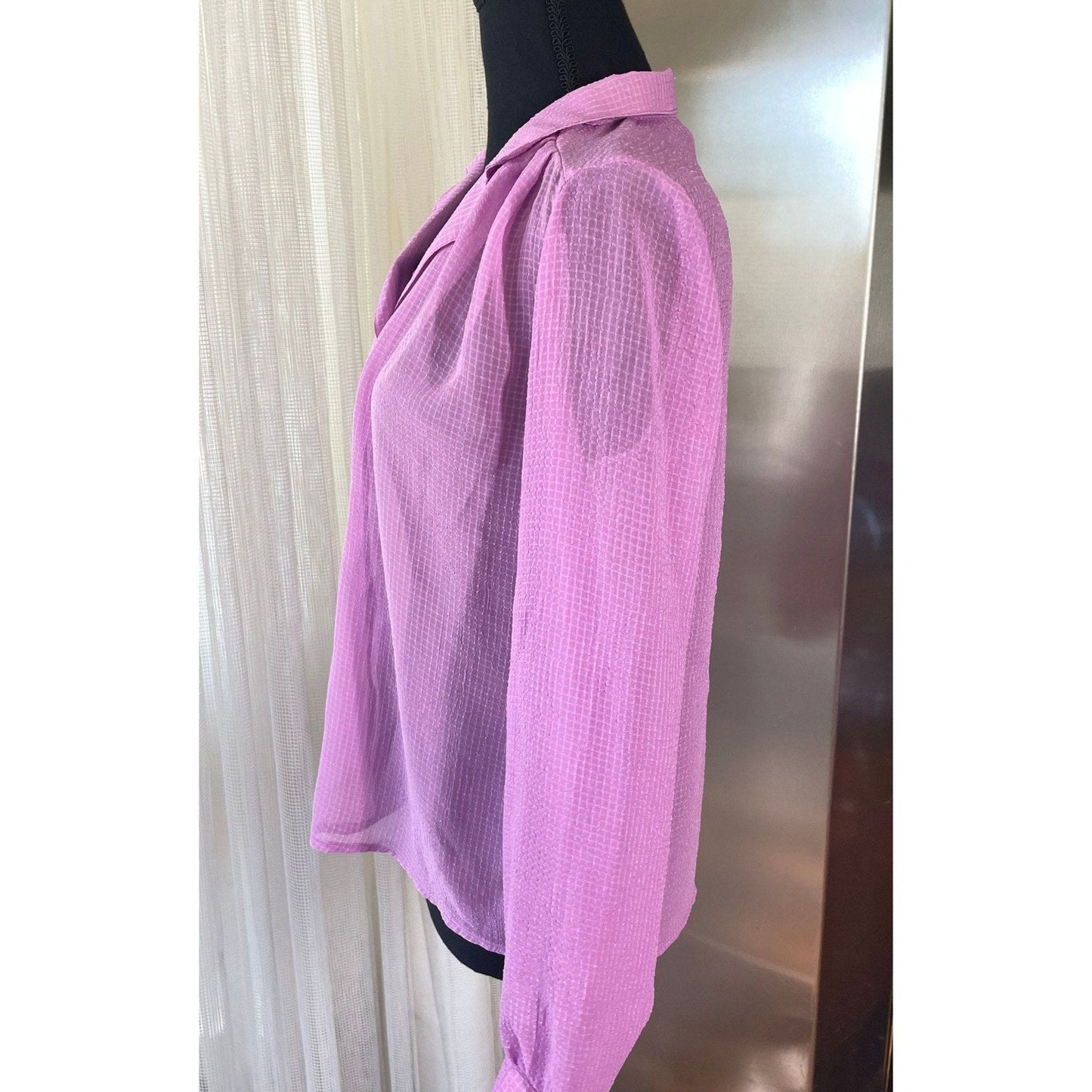 Vintage 80s sheer blouse, pink textured, long sleeves