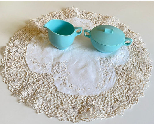 Vintage embroidered and crochet doily, 20 inches wide
