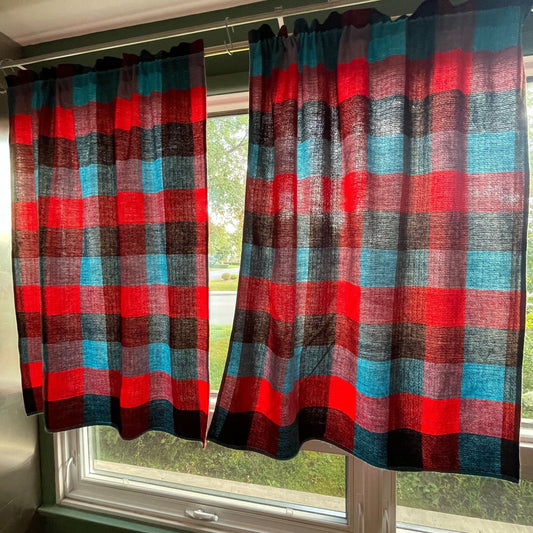 Vintage 80s red, blue plaid curtain, pleated or rod pocket