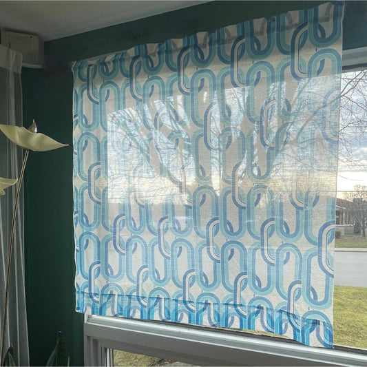 Vintage 70s blue geometric curtain, single panel