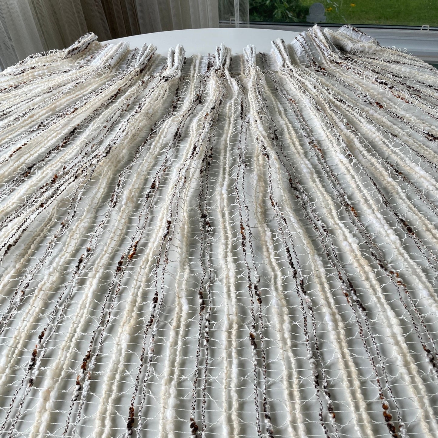 Vintage 70s net woven pleated beige and brown curtains