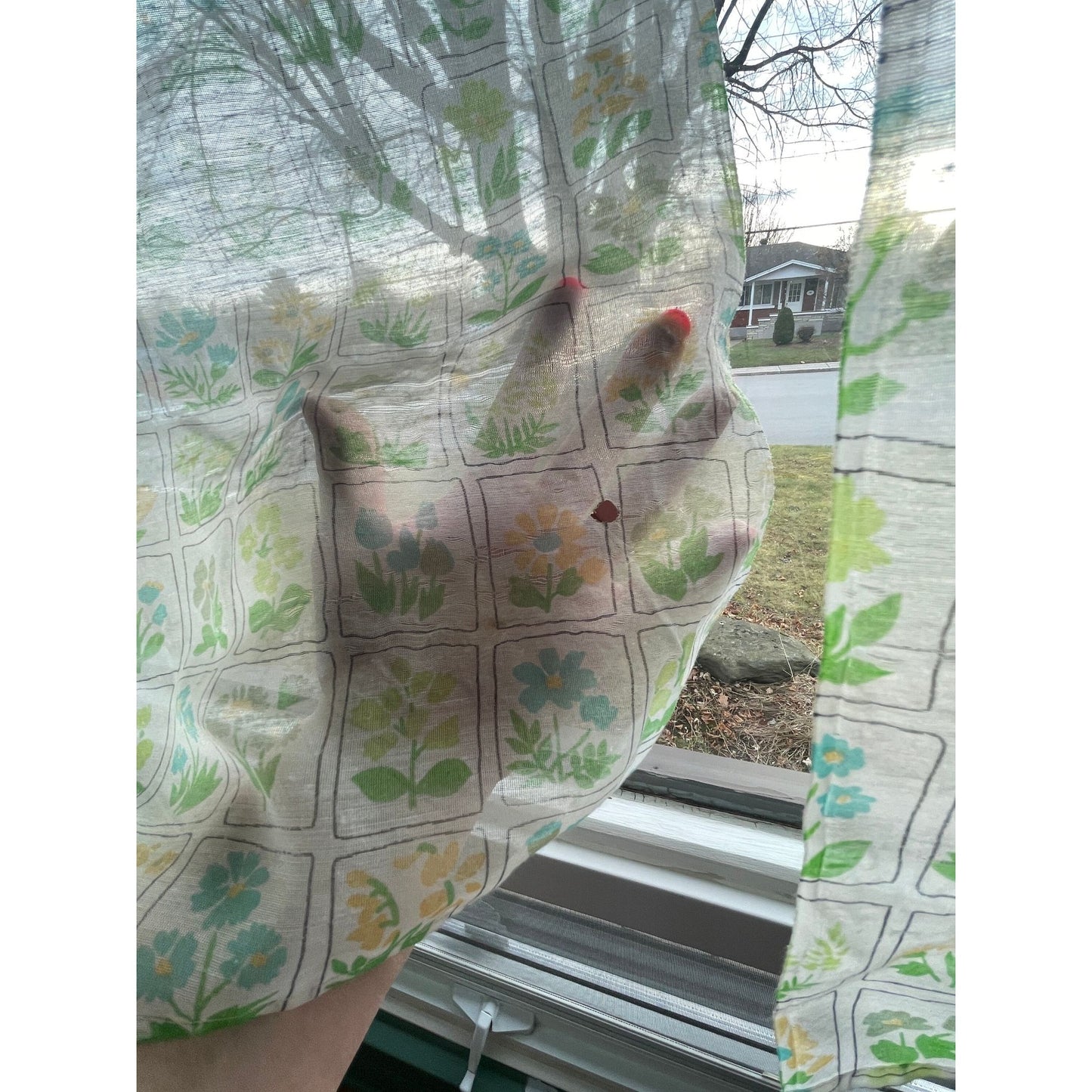 Vintage 80s curtains, sheer green yellow floral, pair with tiebacks
