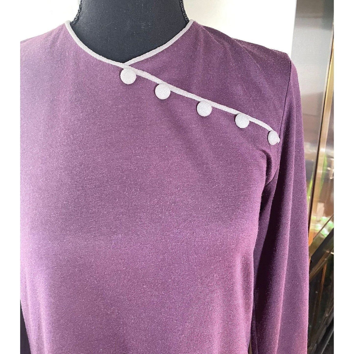 Vintage 80s dress, purple and grey, long sleeves, Mr Edwards