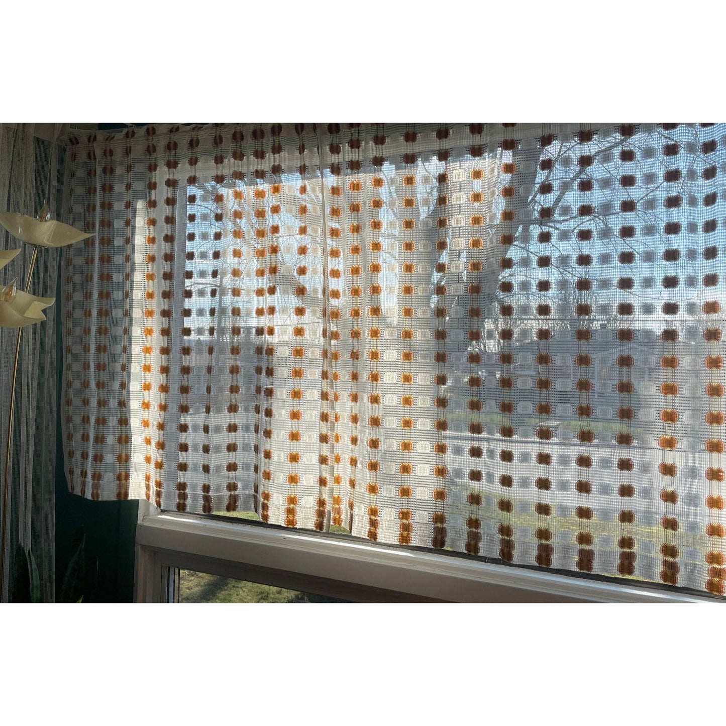 Vintage 70s curtain, white, orange yellow, fluffy mesh panel