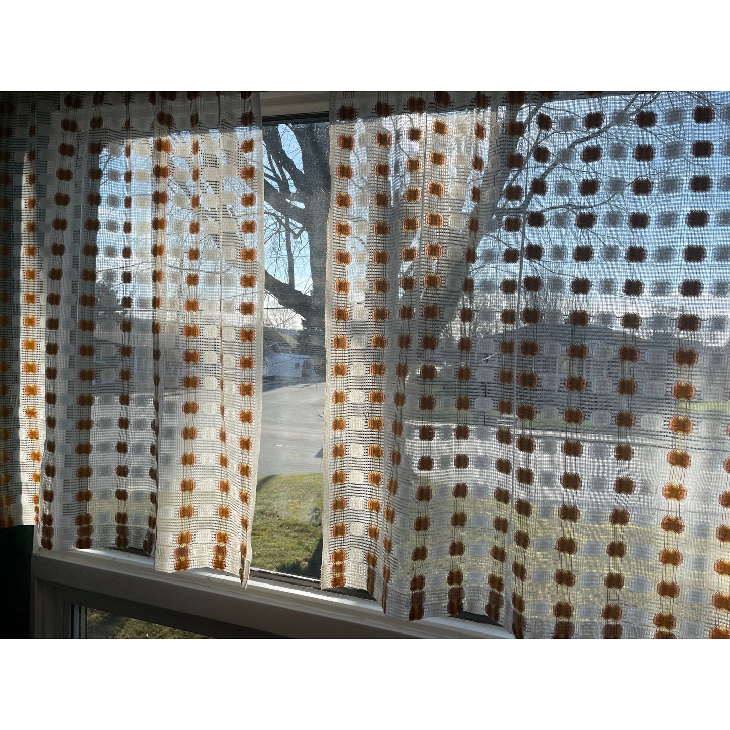 Vintage 70s curtain, white, orange yellow, fluffy mesh panel