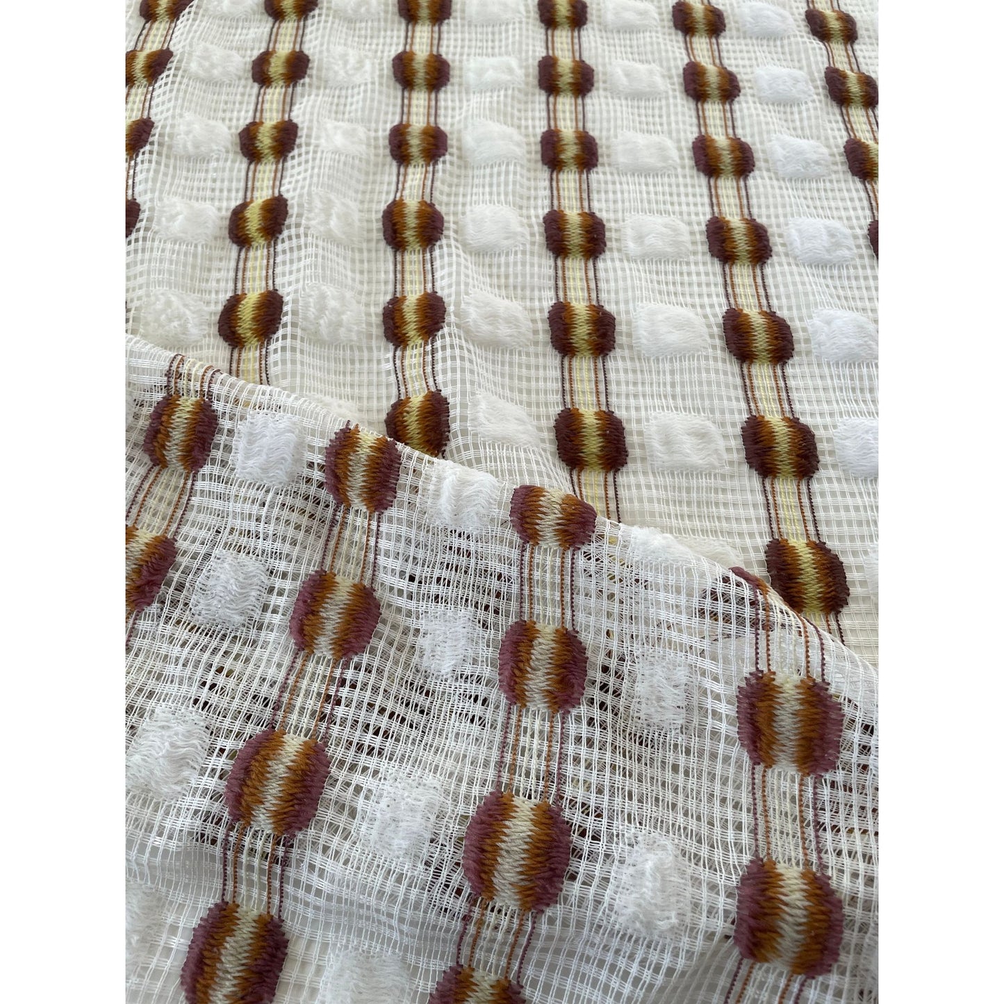 Vintage 70s curtain, white, orange yellow, fluffy mesh panel