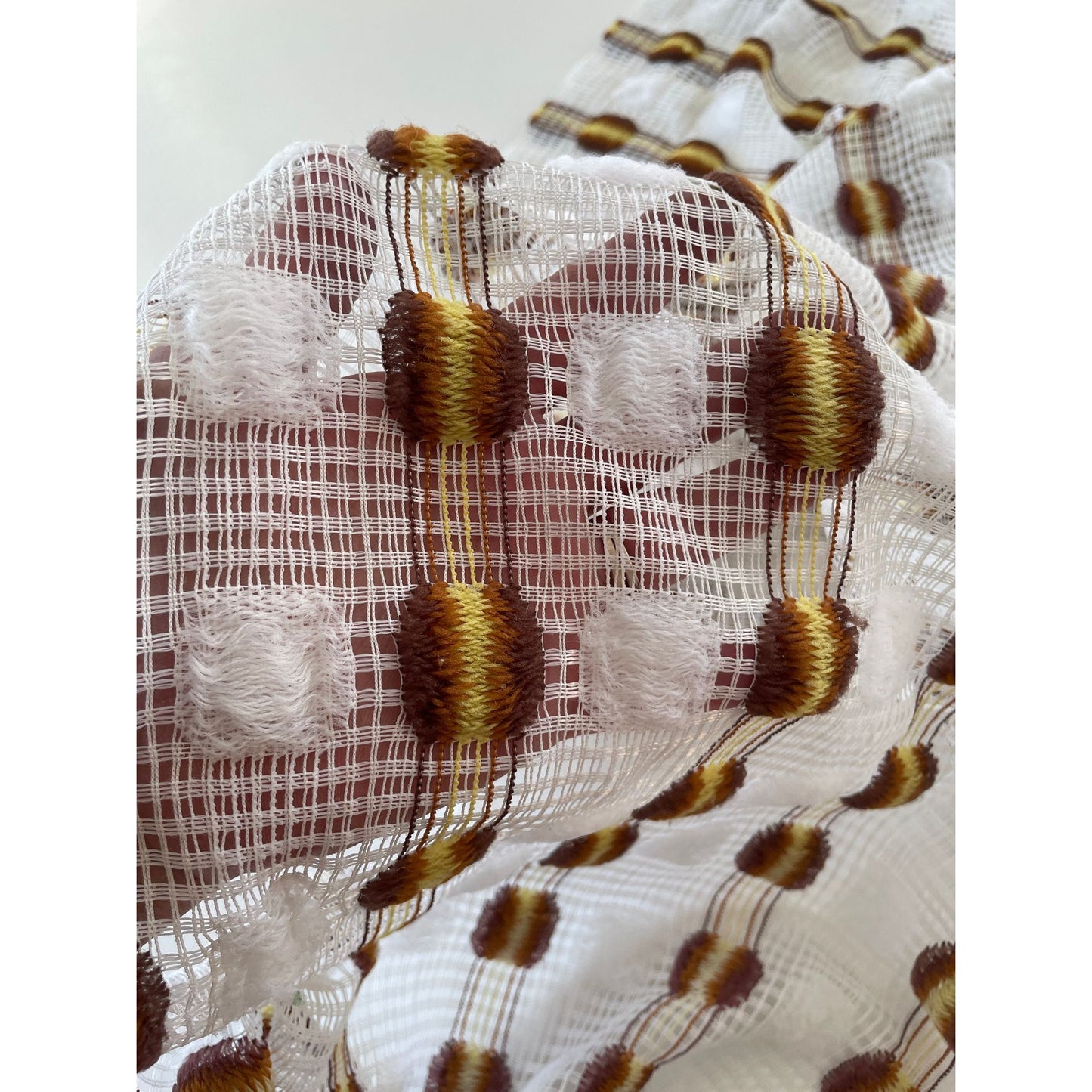 Vintage 70s curtain, white, orange yellow, fluffy mesh panel