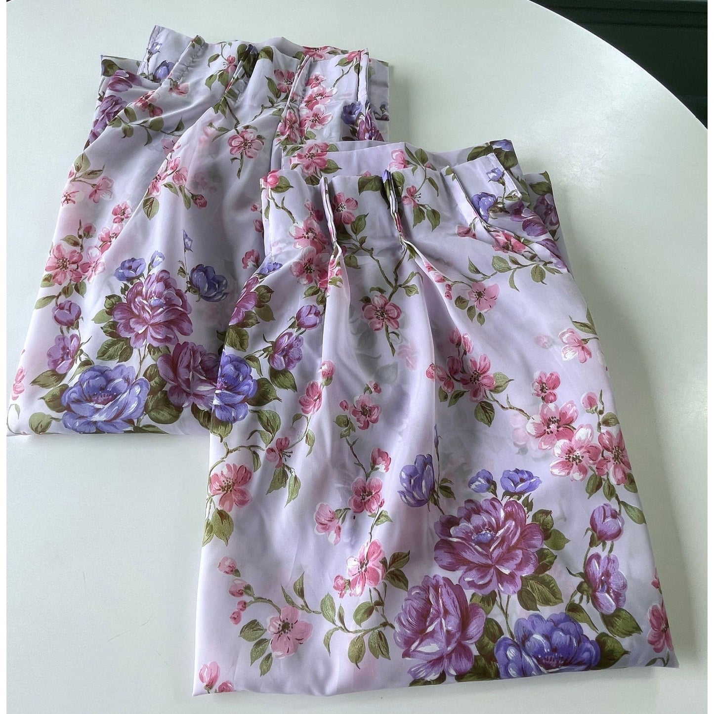 Vintage 60s pleated curtains, purple floral