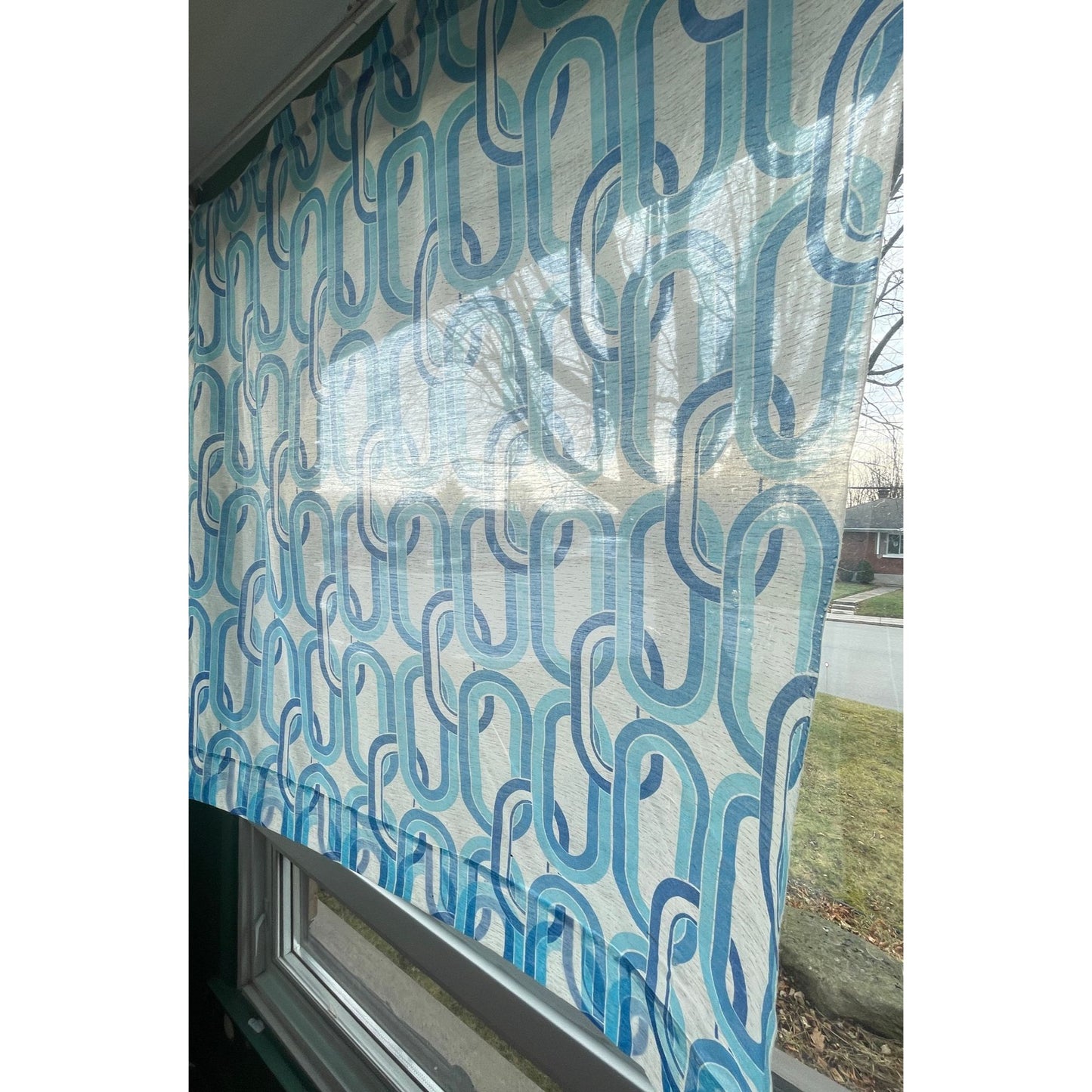 Vintage 70s blue geometric curtain, single panel