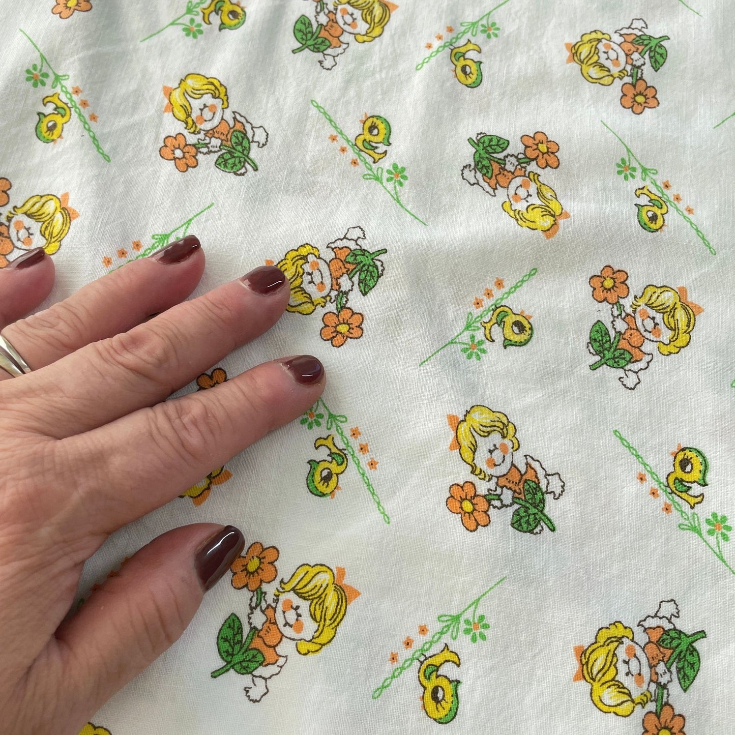 Vintage 60s children pillowcase, daisies and ducks, orange, green and yellow