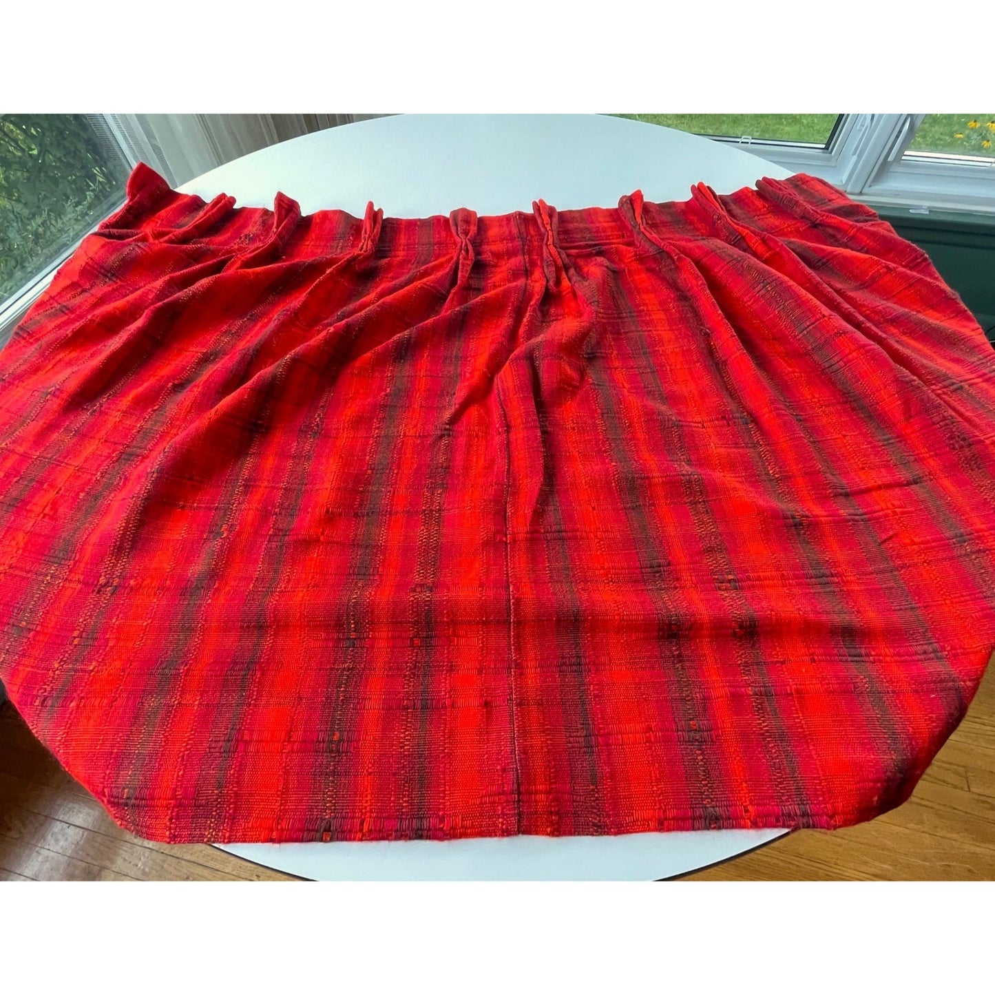 Vintage 70s pleated curtain, red stripes, woven panel