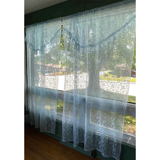 Vintage 70s curtain, blue floral with top ruffle