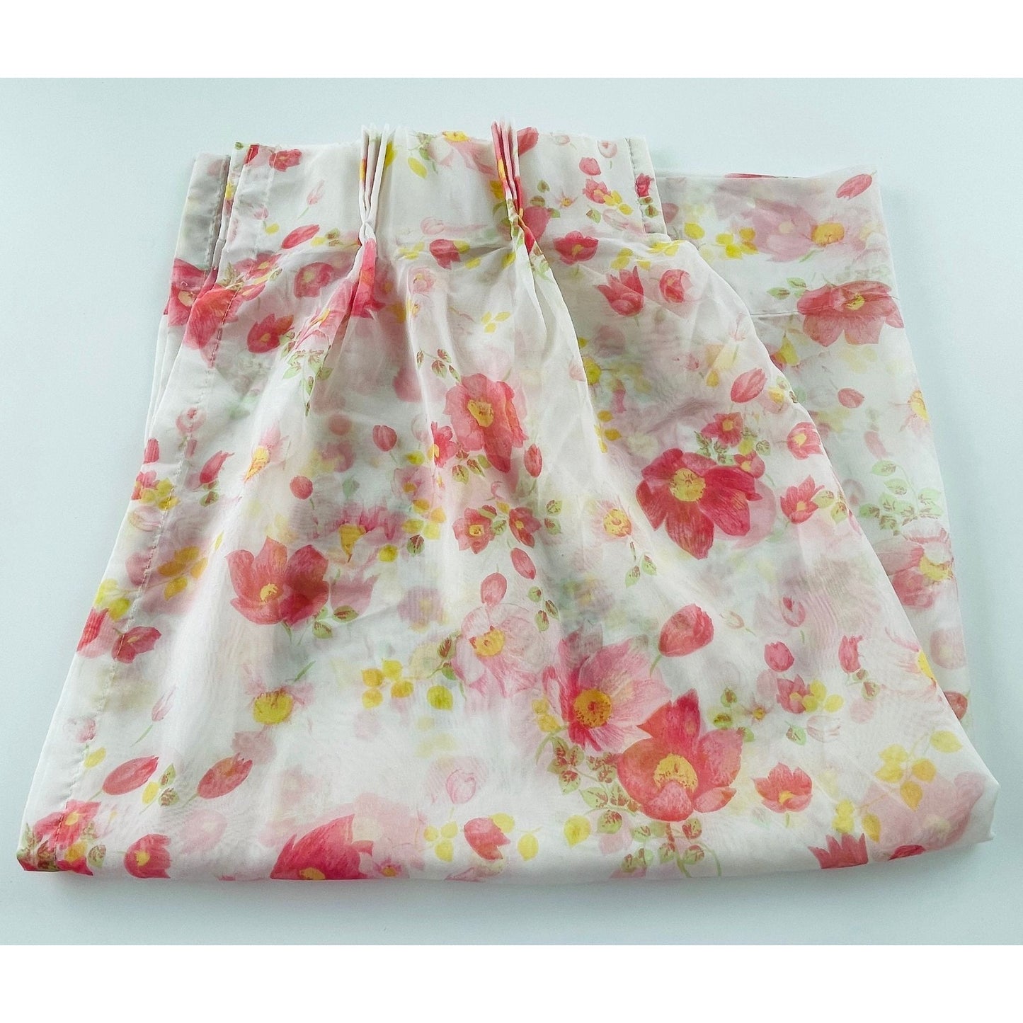 Vintage 70s pleated curtain, sheer pink floral panel