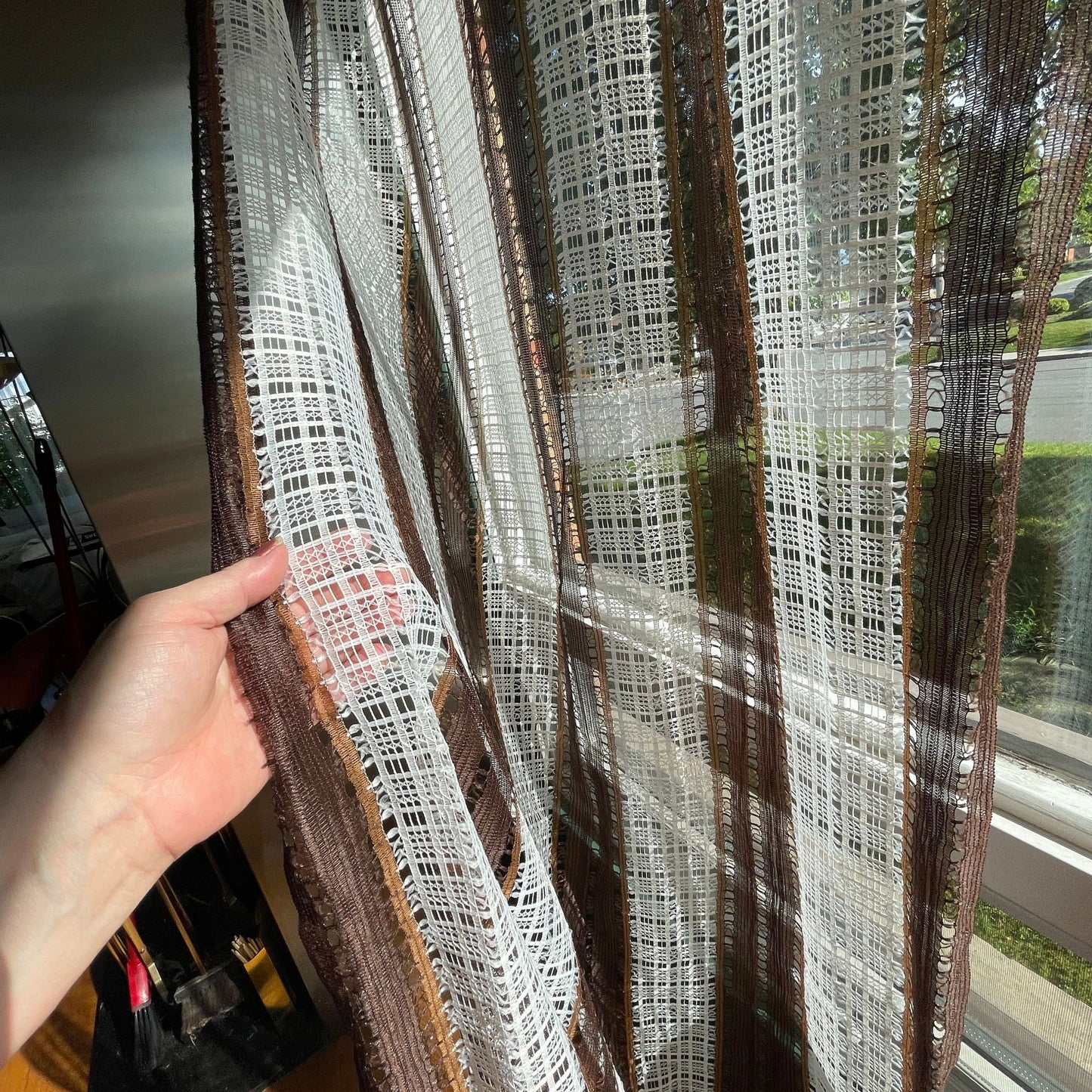 Vintage 70s curtain, brown white stripes, mesh panel