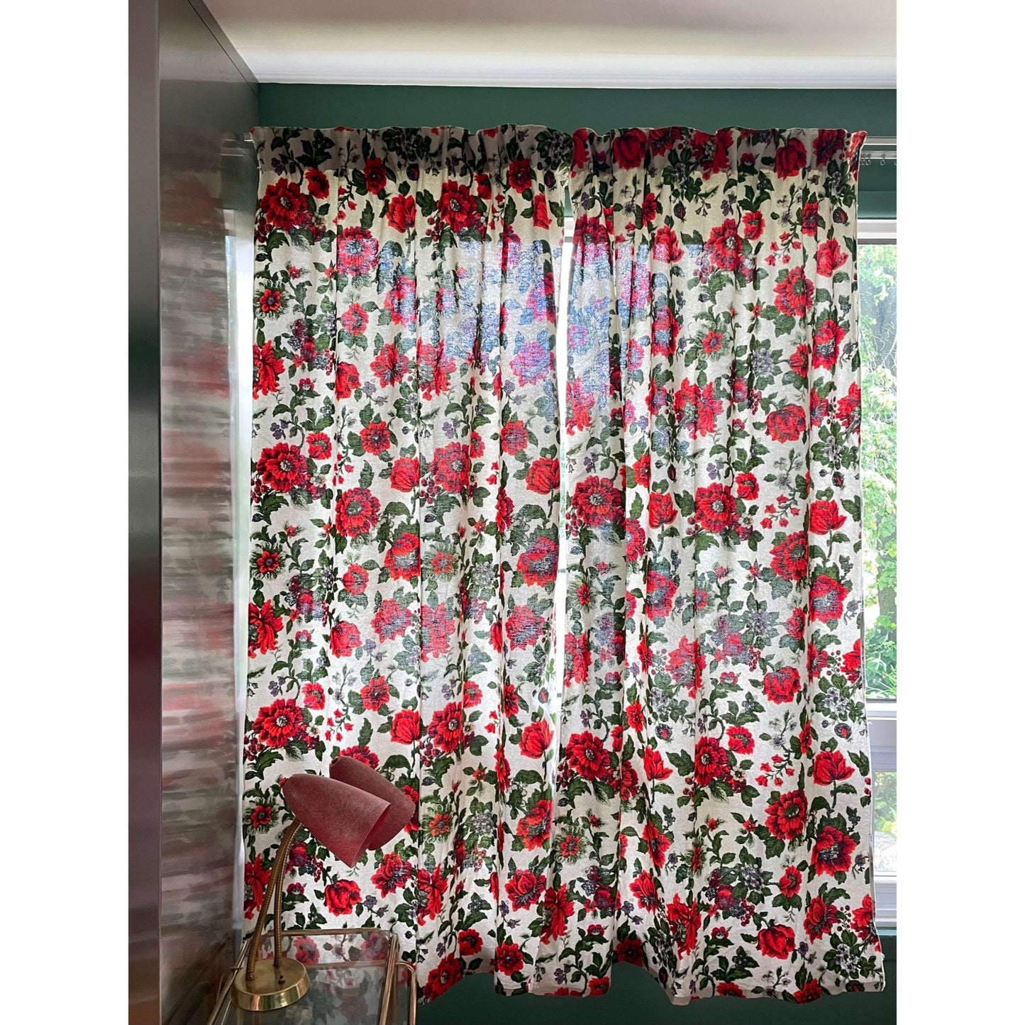 Vintage 60s barkcloth red floral curtain, single panel