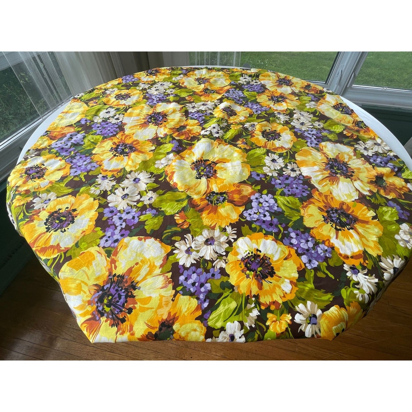 Vintage 80s pleated curtain, orange large flowers panel
