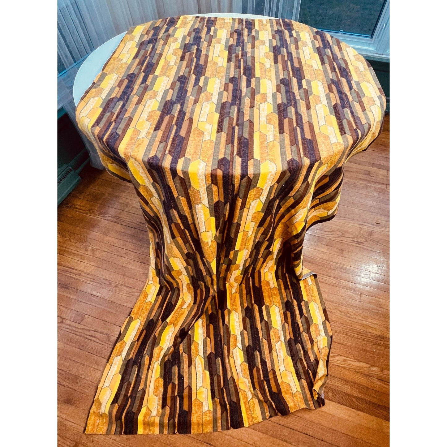 Vintage 70s pleated curtain, orange brown geometric pattern