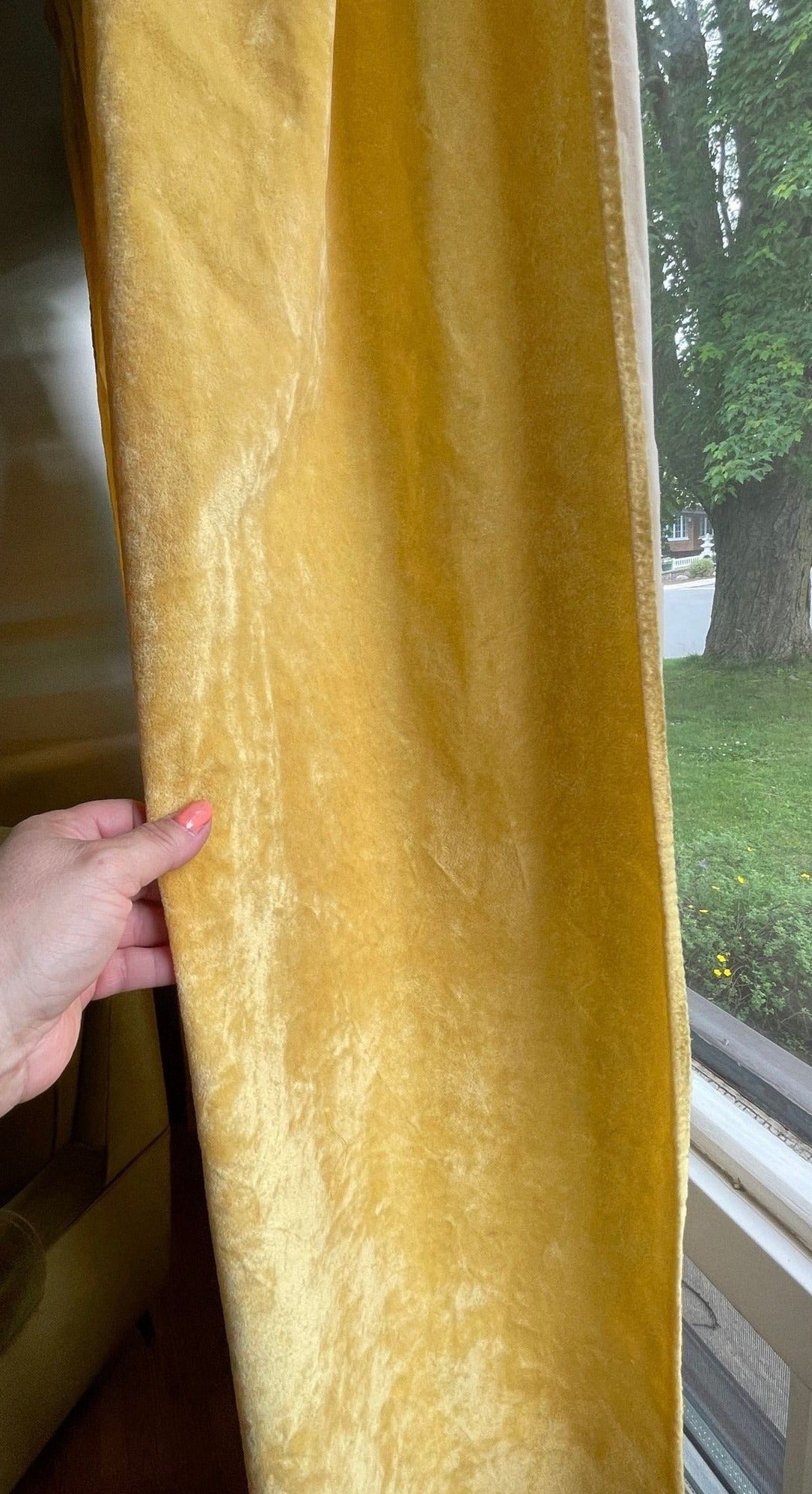 Vintage 70s yellow velvet pleated curtains