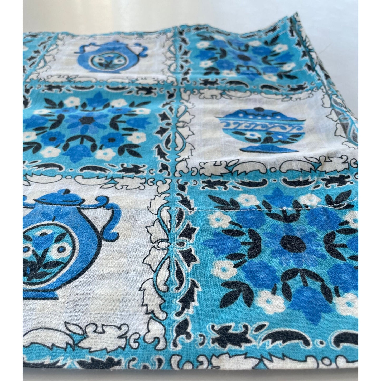 Vintage 70s curtain, blue and white valance