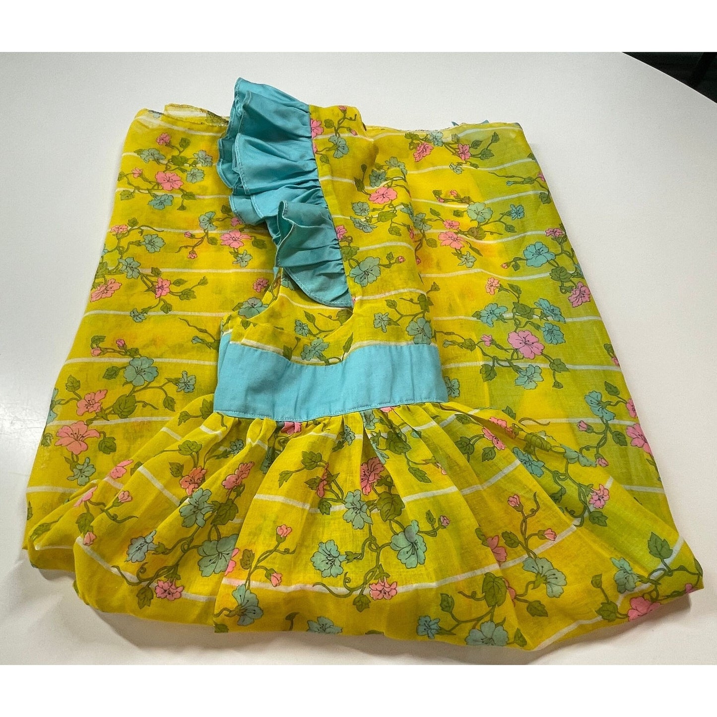 Vintage full apron, pink blue flowers, bright yellow