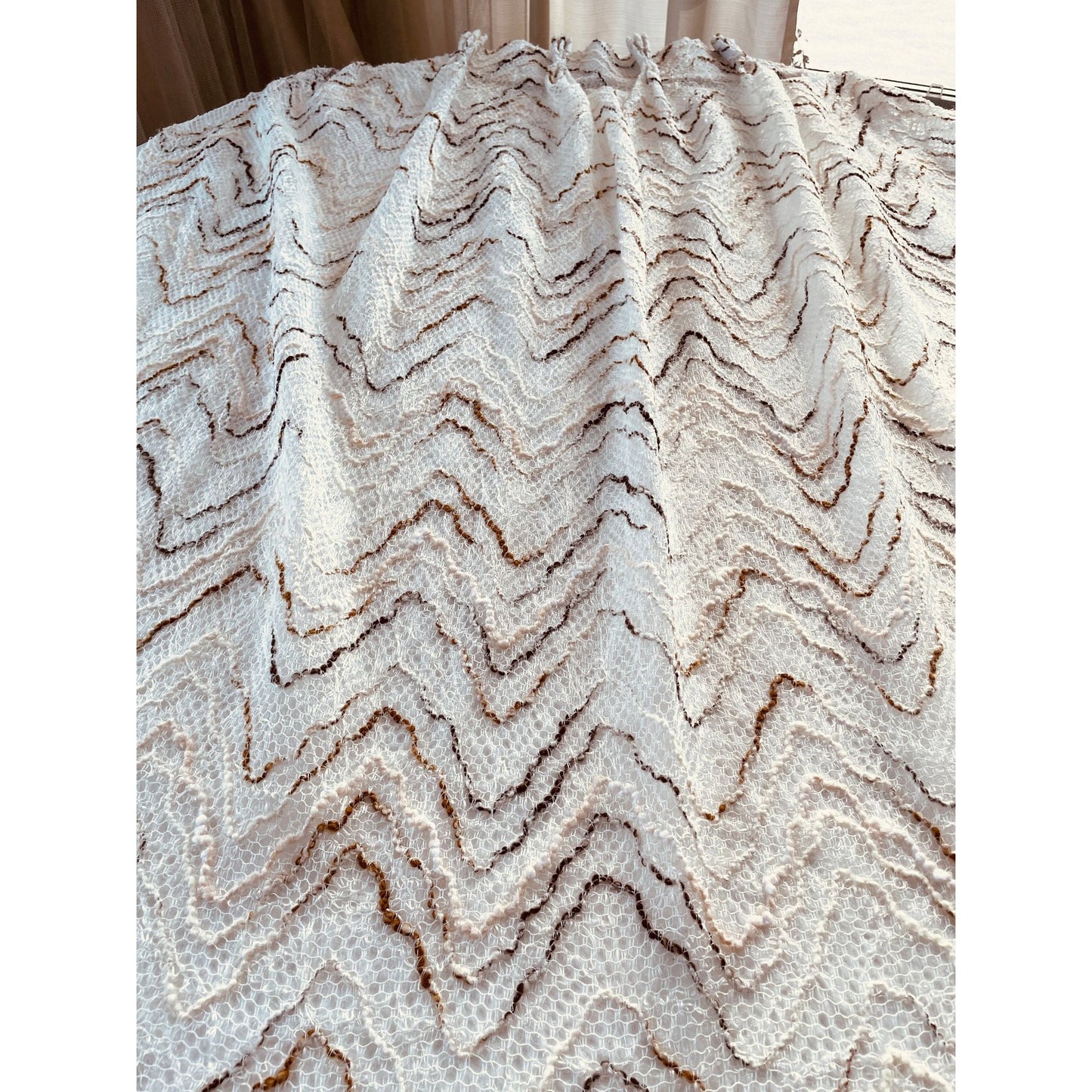 Vintage 70s net woven curtain, tan brown geometric stripes