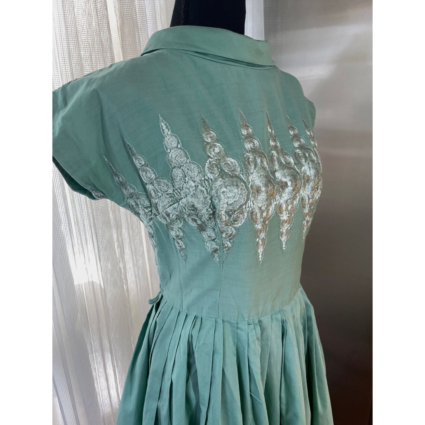 Vintage 50s swing dress, mint green, boat collar, detailed embroidery