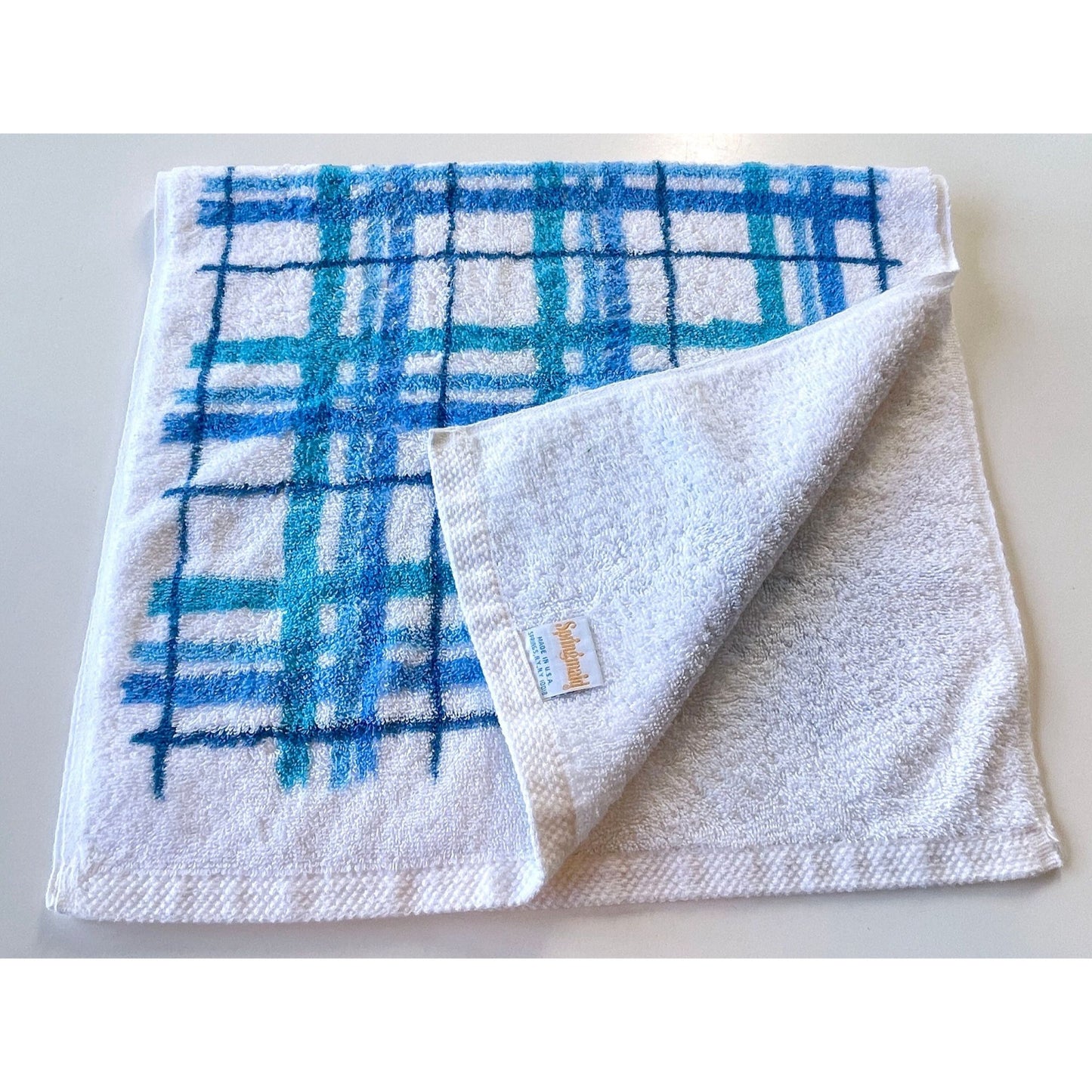 Vintage 80s hand towel, blue plaid pattern, Springmaid